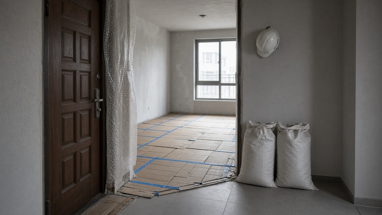 Porta de entrada de apartamento aberta durante reforma, piso coberto com papelão e fita azul, sacos de entulho alinhados e capacete branco pendurado na parede