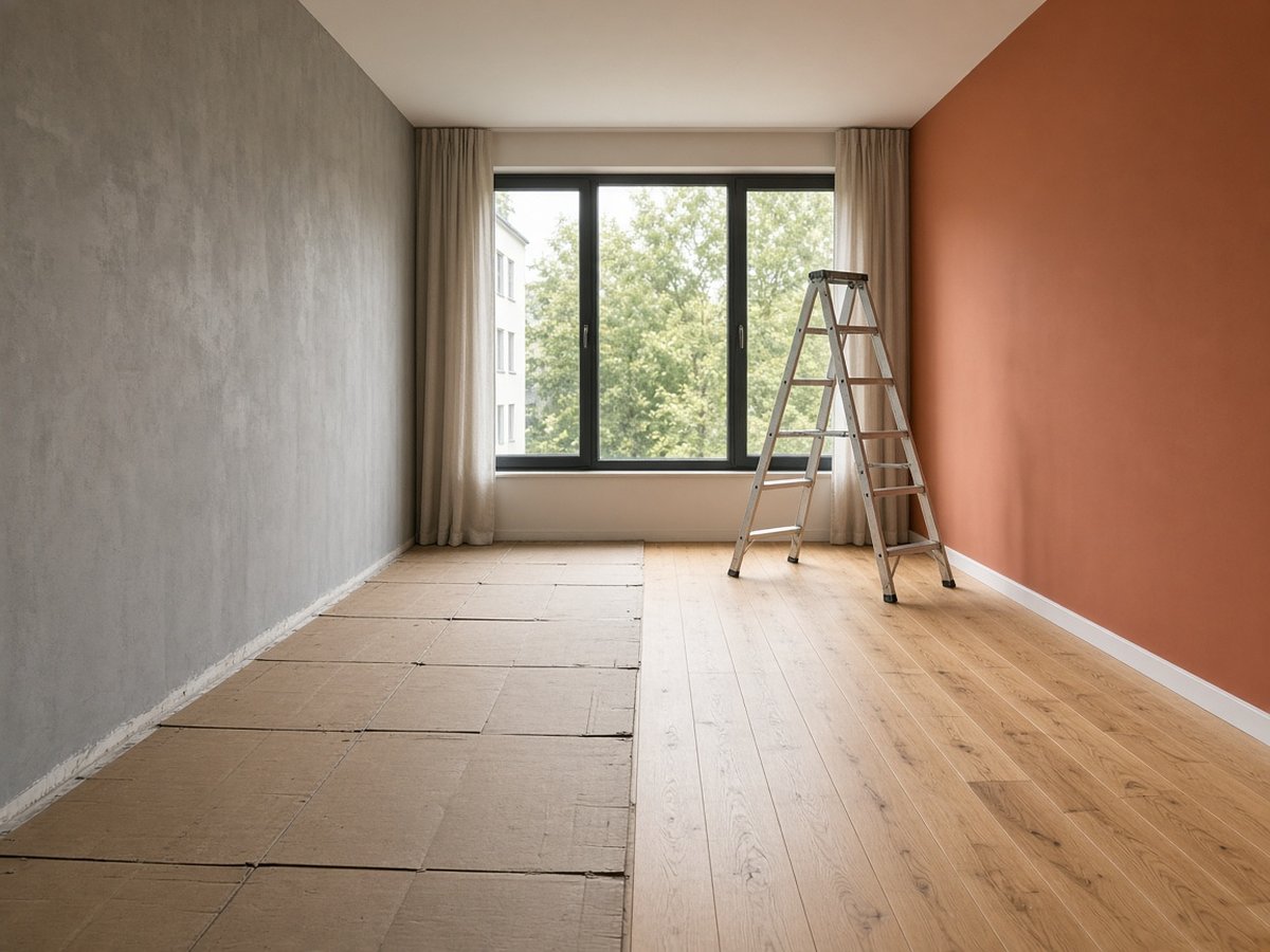 Sala de apartamento em reforma: metade com parede em massa corrida e piso protegido por papelão, metade já finalizada com piso de madeira e parede terracota, escada de pintor junto à janela