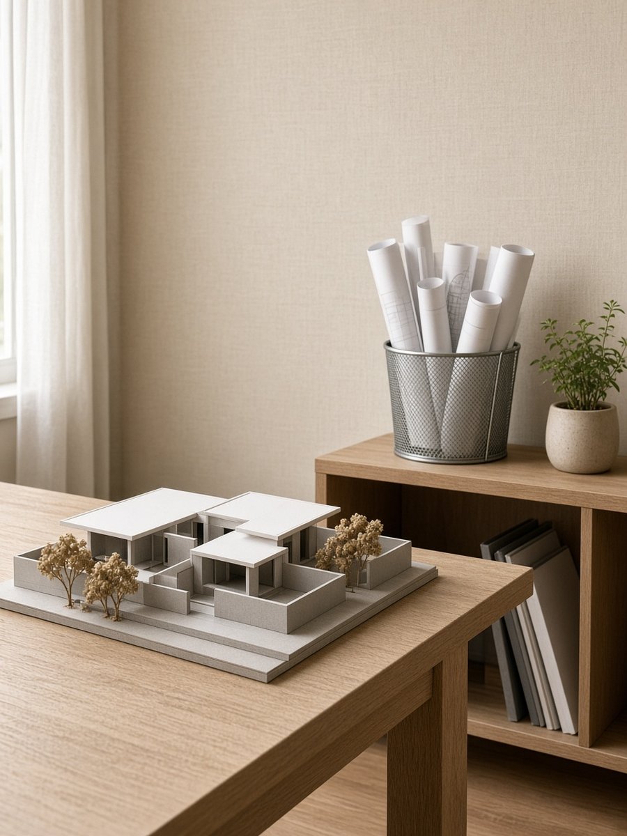 Maquete de estudo de uma casa térrea em papel branco sobre mesa de madeira, com rolos de plantas em um cesto metálico ao fundo em um escritório de arquitetura